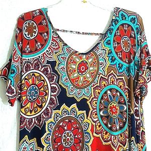 Multi Print Red White Yellow Blue Short Sleeve Maxi Dress NWT